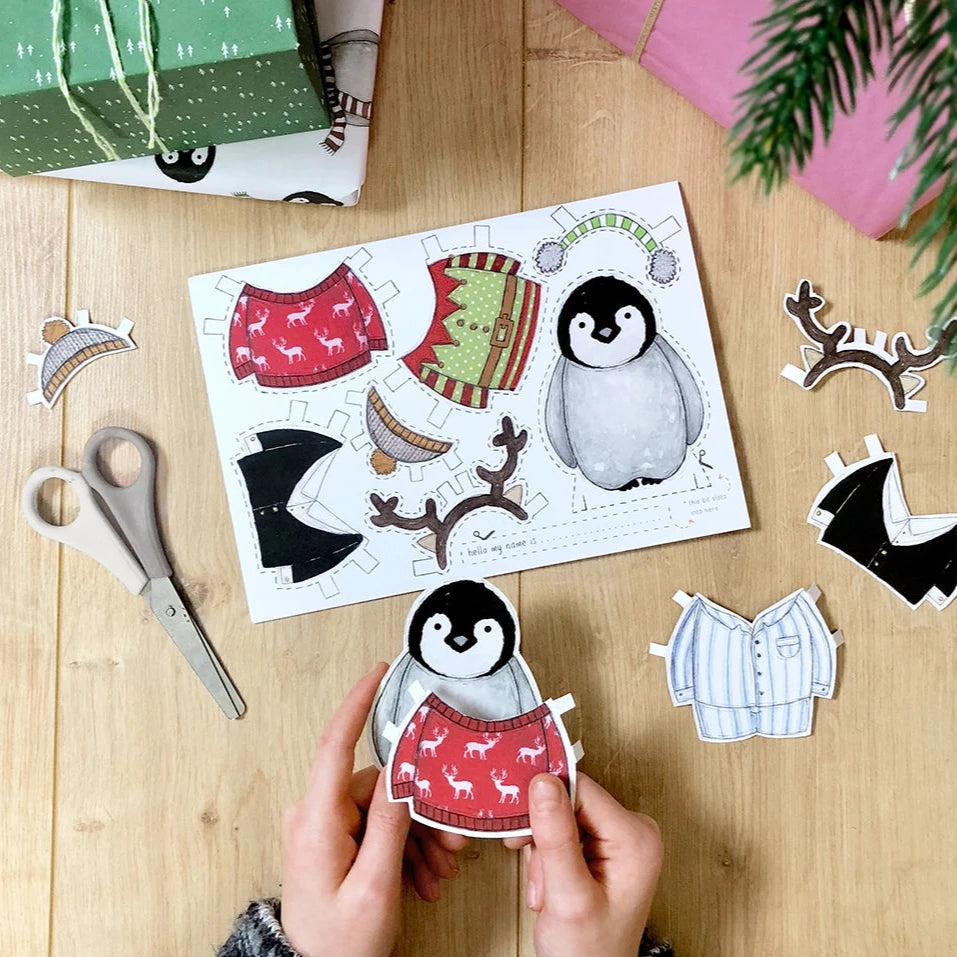 Clara and Macy Christmas Dress Up a Penguin Multipurpose Card Craft Kids Fun Plastic Free Eco Friendly