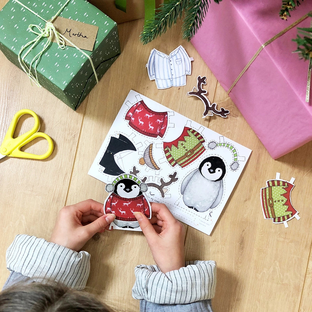 Clara and Macy Christmas Dress Up a Penguin Multipurpose Card Craft Kids Fun Plastic Free Eco Friendly