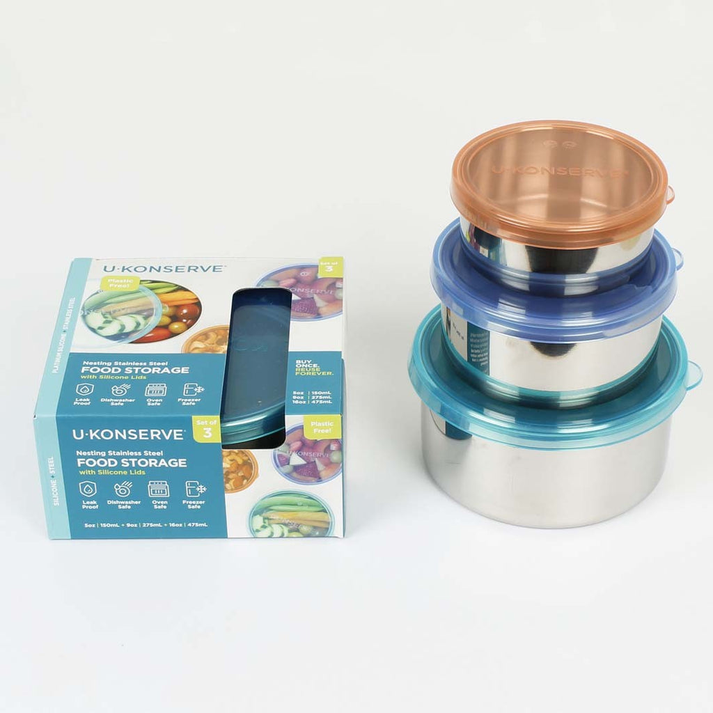 u-konserve stainless steel tin food containers with silicone lid stackable compact plastic free eco friendly sustainable tiffin multicolour tropical sky
