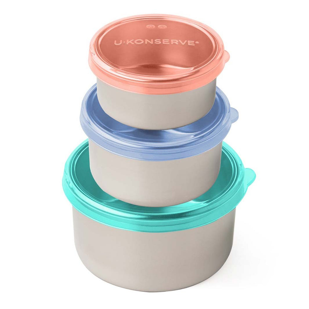 Nesting Round u-konserve stainless steel tin food containers with silicone lid stackable compact plastic free eco friendly sustainable tiffin multicolour tropical sky
